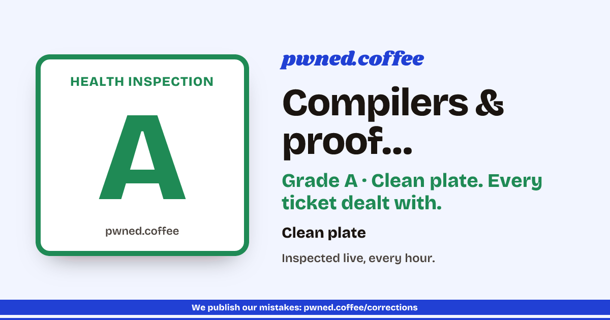 Clean plate: every Compilers & proof tools ticket on the pwned.coffee rail is dealt with.